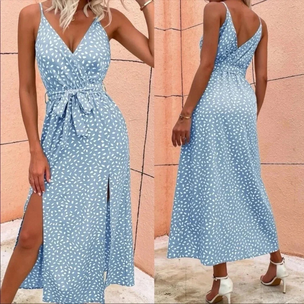 Baby Blue Boho Floral Midi Dress | Summer Wrap Dress with Tie Waist & Slit - Picture 3 of 3
